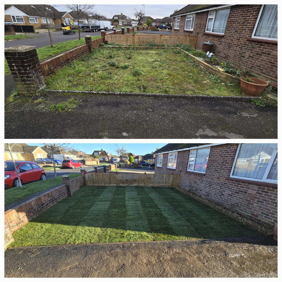 New turf front lawn renewal in Waterlooville, Portsmouth. MJA Garden Landscaping bought this tired garden back to life.